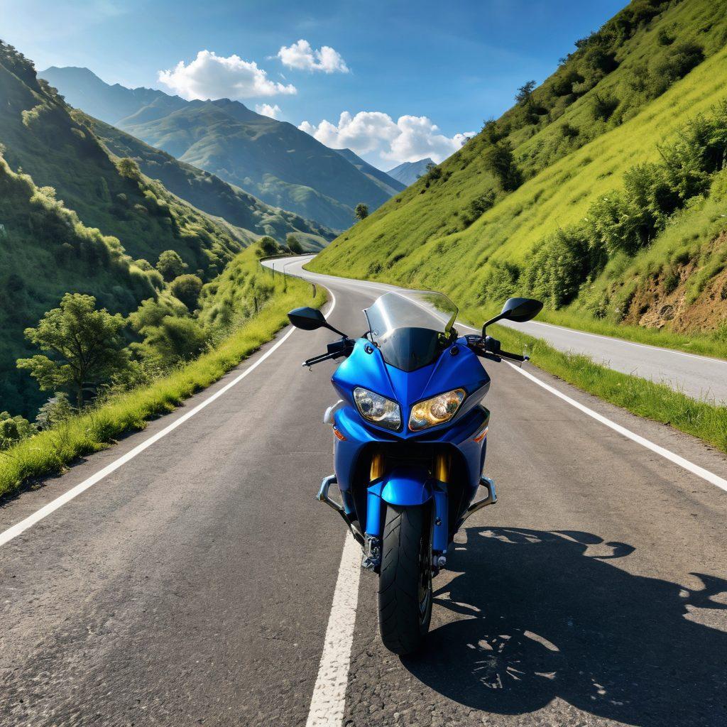 A winding road surrounded by lush green hills under a bright blue sky, with a sleek motorcycle parked at the roadside. Include a safety helmet resting on the seat, and a glowing map in the background illustrating expert tips for safe riding. The scene should evoke a sense of adventure and excitement, with vibrant colors highlighting the thrill of the ride. super-realistic. vibrant colors. 3D.