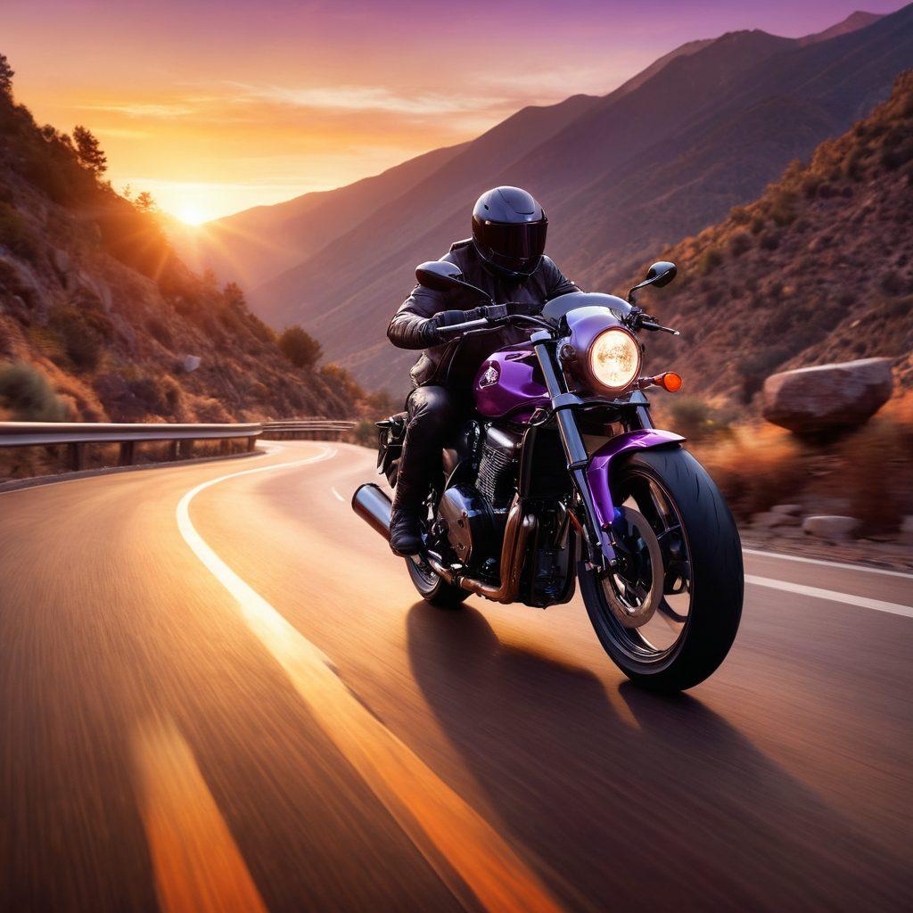 A dynamic scene of a sleek motorcycle speeding along a winding mountain road, with a rider in stylish gear, wind whipping through their hair. The background captures a sunset with vibrant orange and purple hues reflecting on the bike. Scattered around are essential motorcycle gear like helmets, gloves, and jackets displayed creatively on a wooden crate. super-realistic. vibrant colors. dramatic lighting.