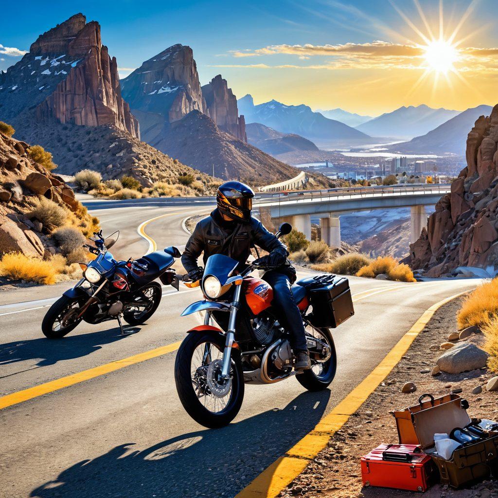 A dynamic scene featuring a motorcycle on a winding trail transitioning into a modern highway, with a mechanic toolbox alongside it. The background showcases a blend of rugged mountains and a sleek city skyline, symbolizing adventure and urban life. Include vibrant colors to evoke excitement and freedom, with clear skies and sun rays illuminating the path ahead. super-realistic. vibrant colors. dynamic contrast.